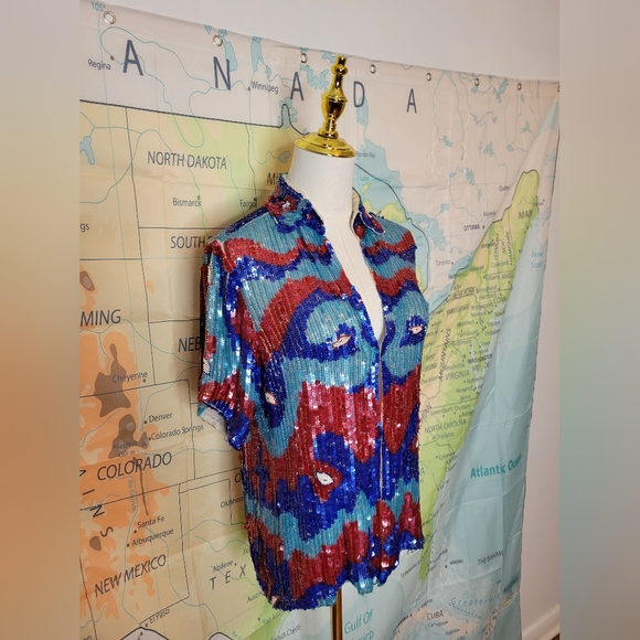 Vintage Silk Colorful Sequin & Beaded Short Sleeve Top - Picture 3 of 13